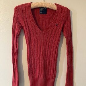 American Eagle Outfitters Dark Pink Cable-Knit V-Neck Sweater